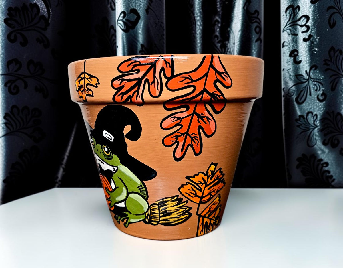 Hand-Painted Halloween Frog Planter, Witch Costume, Autumn Decor