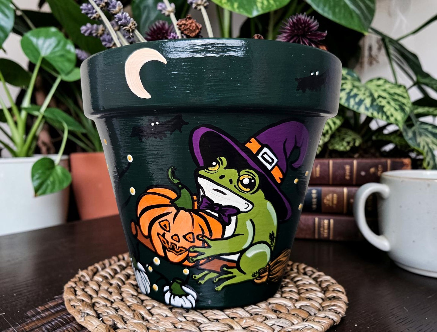Witch Frog Plant Pot: Hand-Painted Terracotta Halloween Planter