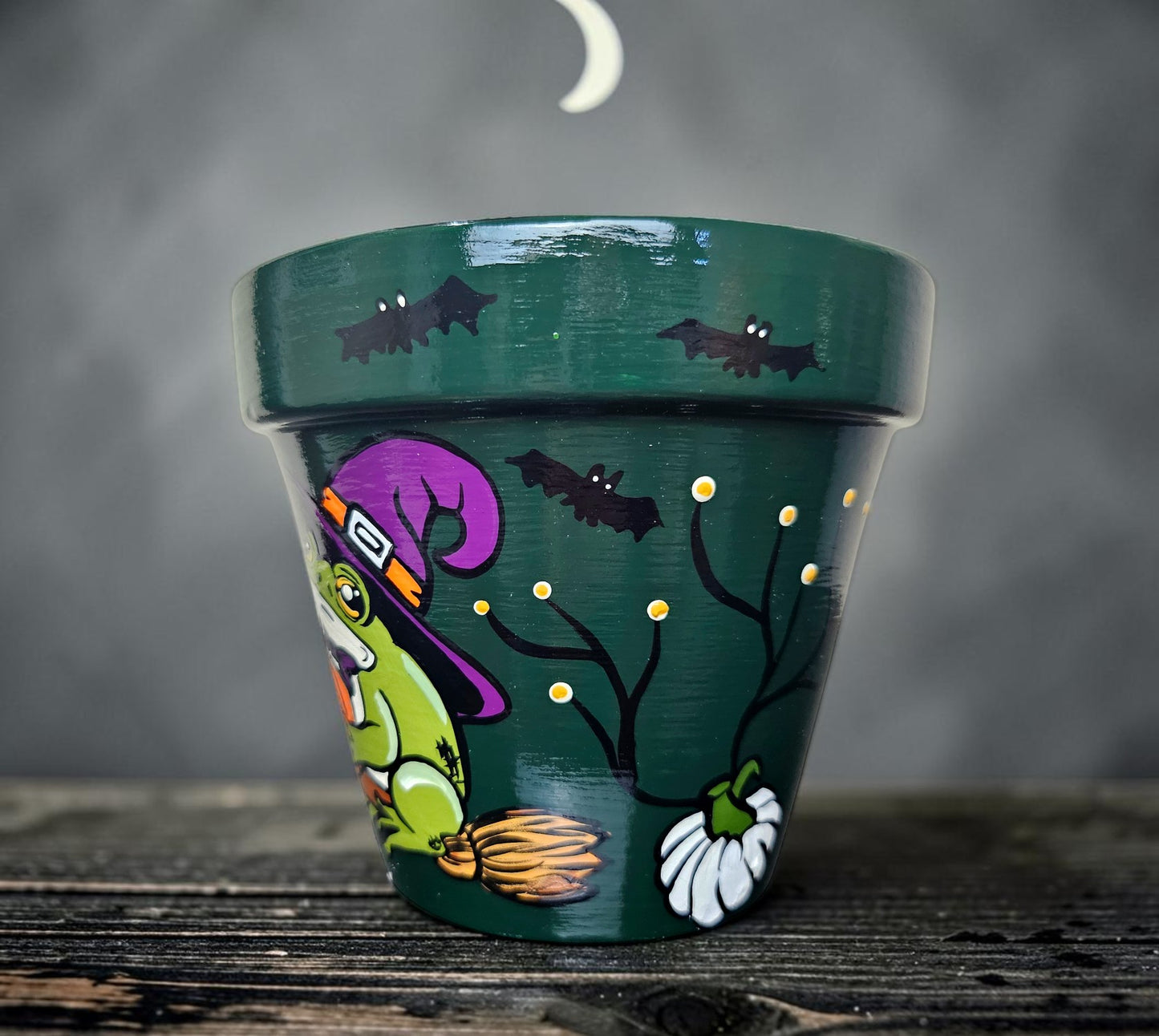 Witch Frog Plant Pot: Hand-Painted Terracotta Halloween Planter