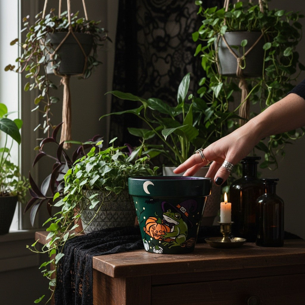 Witch Frog Plant Pot: Hand-Painted Terracotta Halloween Planter