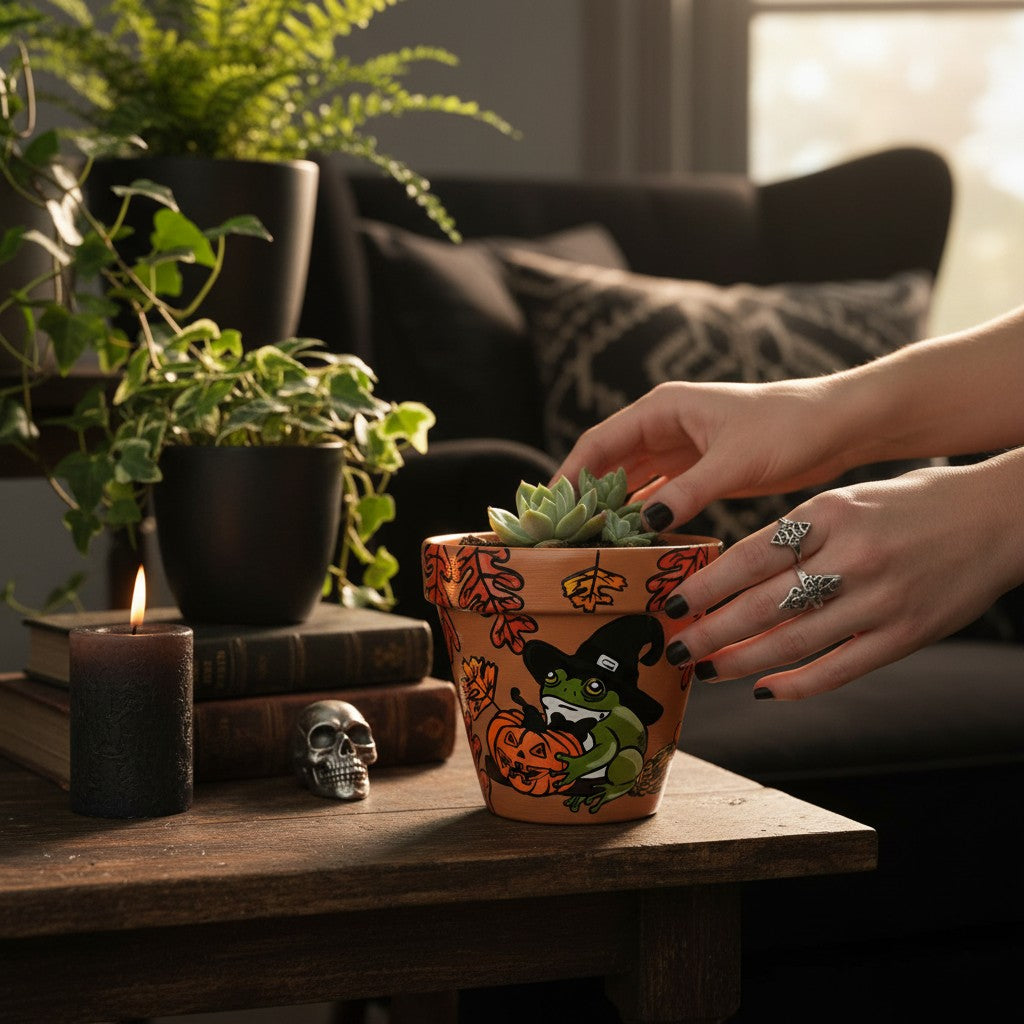 Hand-Painted Halloween Frog Planter, Witch Costume, Autumn Decor