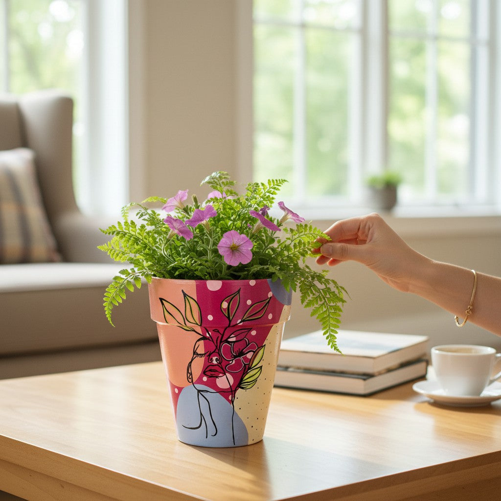 Hand Painted Flower Pot| Modern Face Planter| Abstract Art Terracotta Pot