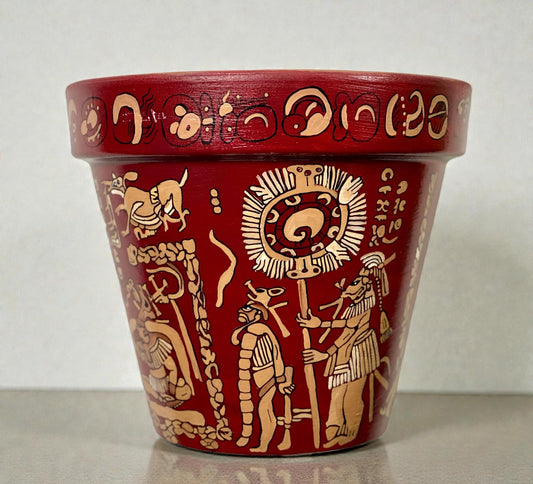 Hand painted Mayan Art Plant Pot- Prehispanic Art Vase (8 in)
