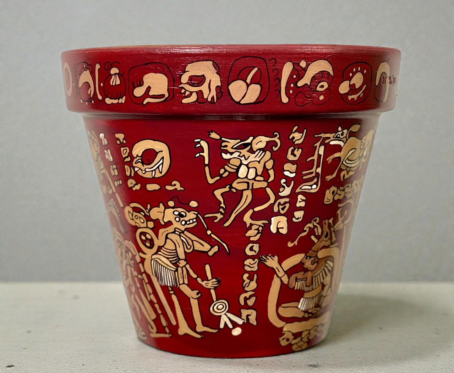 Hand painted Mayan Art Plant Pot- Prehispanic Art Vase (8 in)