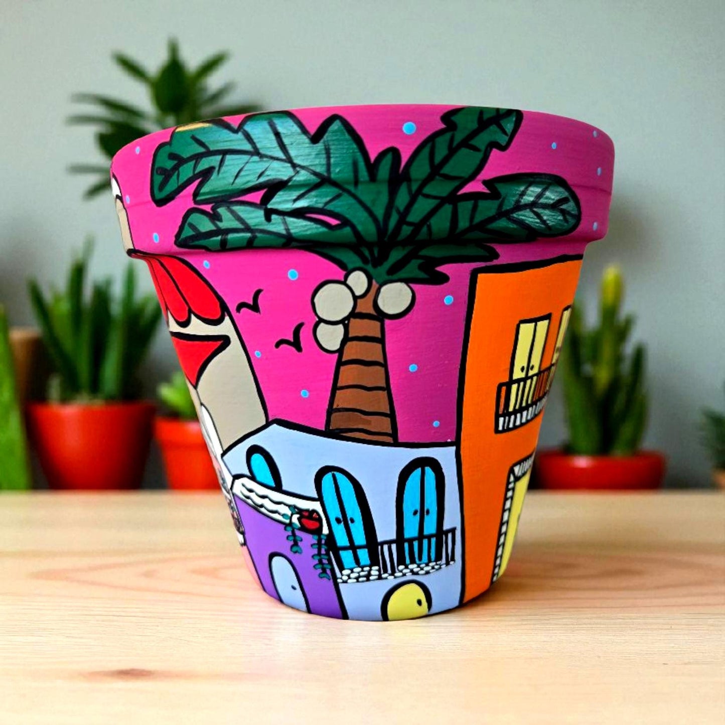 Hand-painted Puerto Rico Plant Pot - Caribbean Art, 6 inch Terracotta