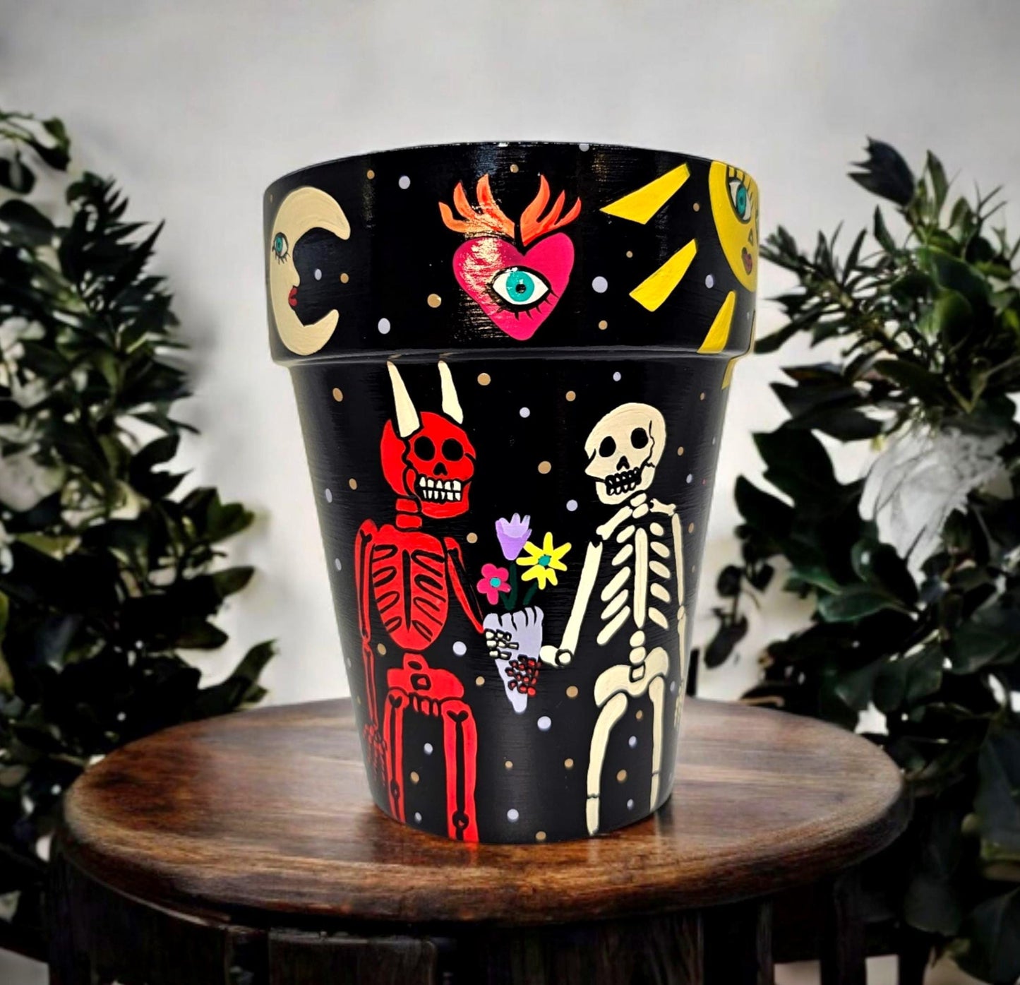 Hand-Painted Skeleton Terracotta Planter – 4x6 Unique Art Pot