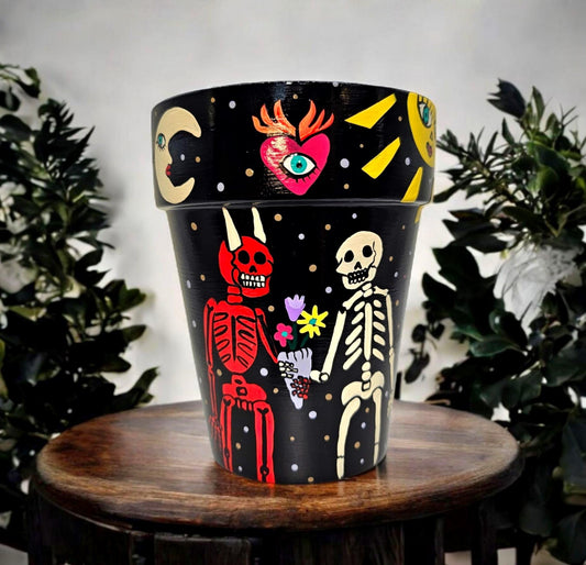 Hand-Painted Skeleton Terracotta Planter – 4x6 Unique Art Pot