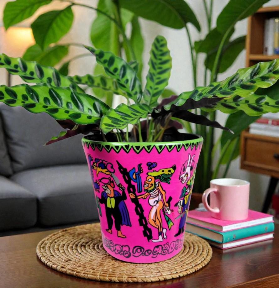 Hand-Painted Mayan Inspired Pink Terracotta Planter – Mesoamerican Art Plant Pot