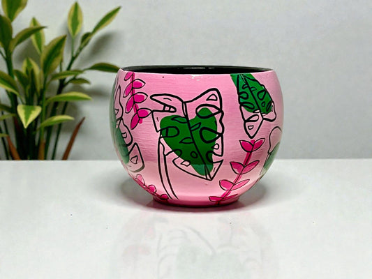 Hand-Painted Botanical Planter – Pink Monstera Terracotta Plant Pot