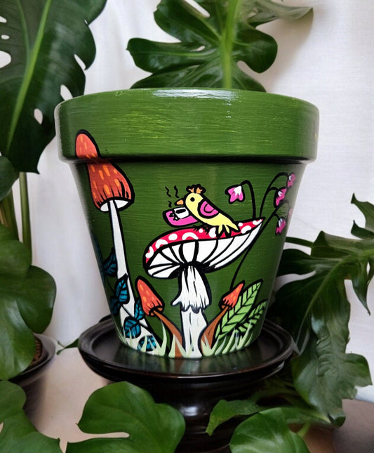 Hand-Painted Bird and Mushroom Terracotta Planter