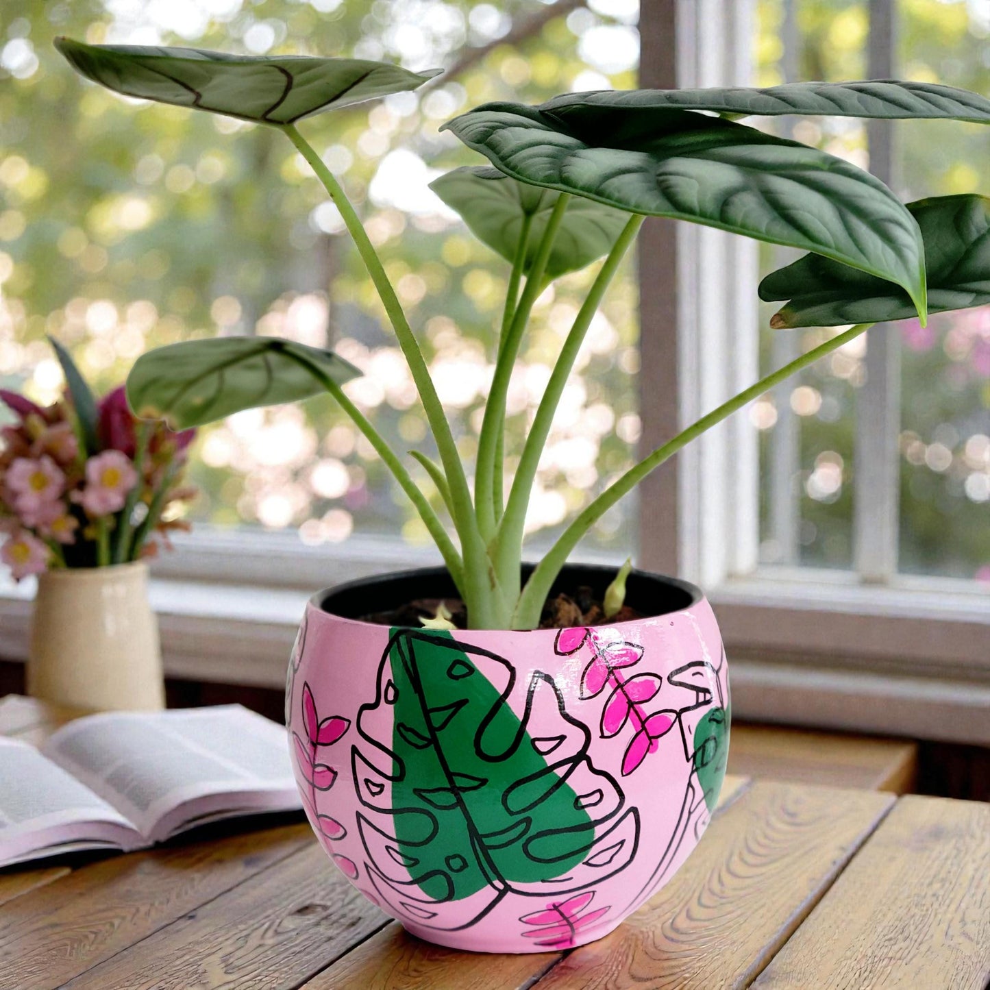 Hand-Painted Botanical Planter – Pink Monstera Terracotta Plant Pot