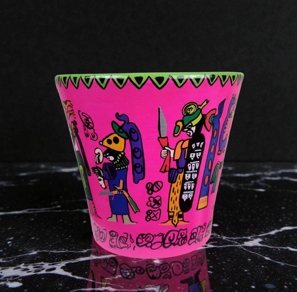 Hand-Painted Mayan Inspired Pink Terracotta Planter – Mesoamerican Art Plant Pot