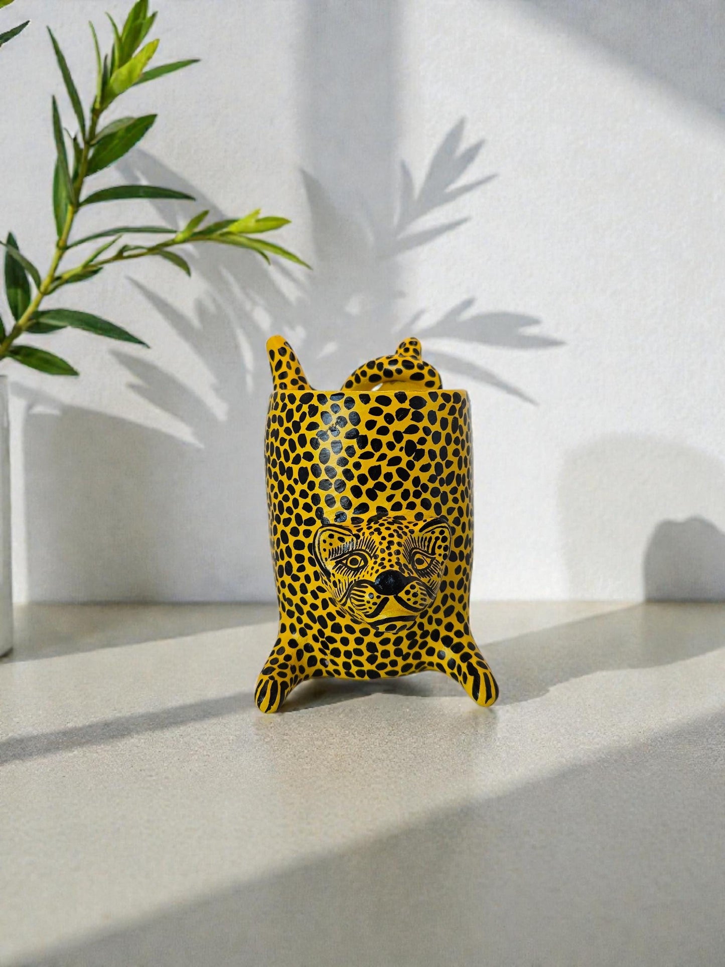 Hand-Painted Clay Jaguar Sculpture: Yellow Unique Home Decor