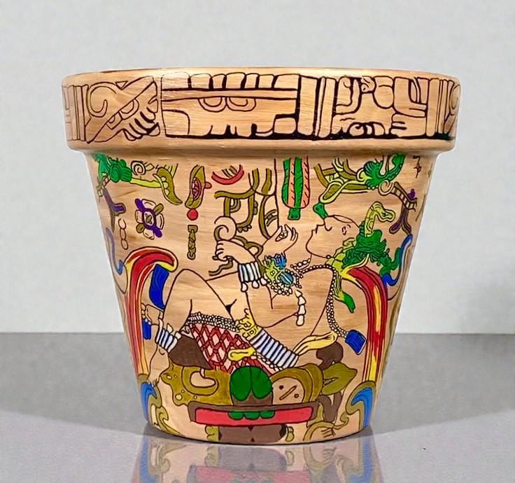 Hand-Painted Mayan Inspired Terracotta Planter – Mesoamerican Art Plant Pot