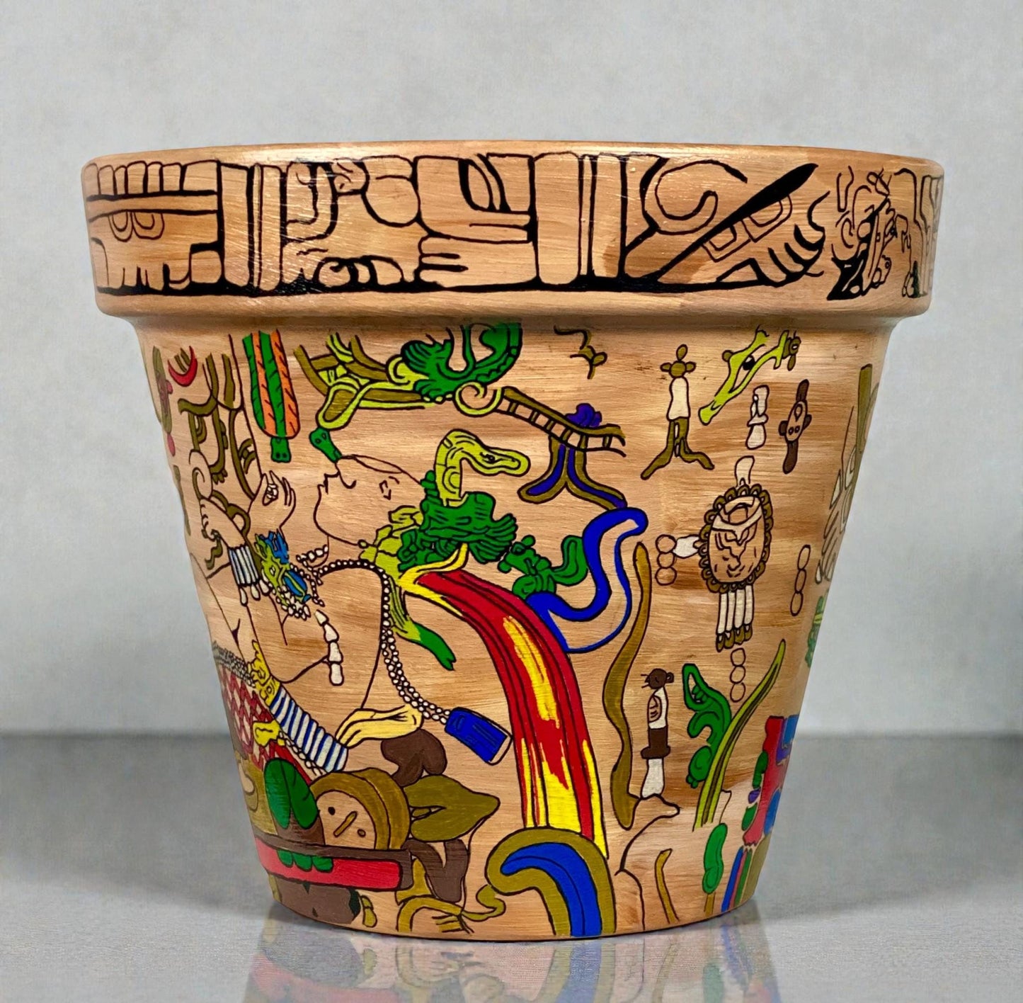 Hand-Painted Mayan Inspired Terracotta Planter – Mesoamerican Art Plant Pot