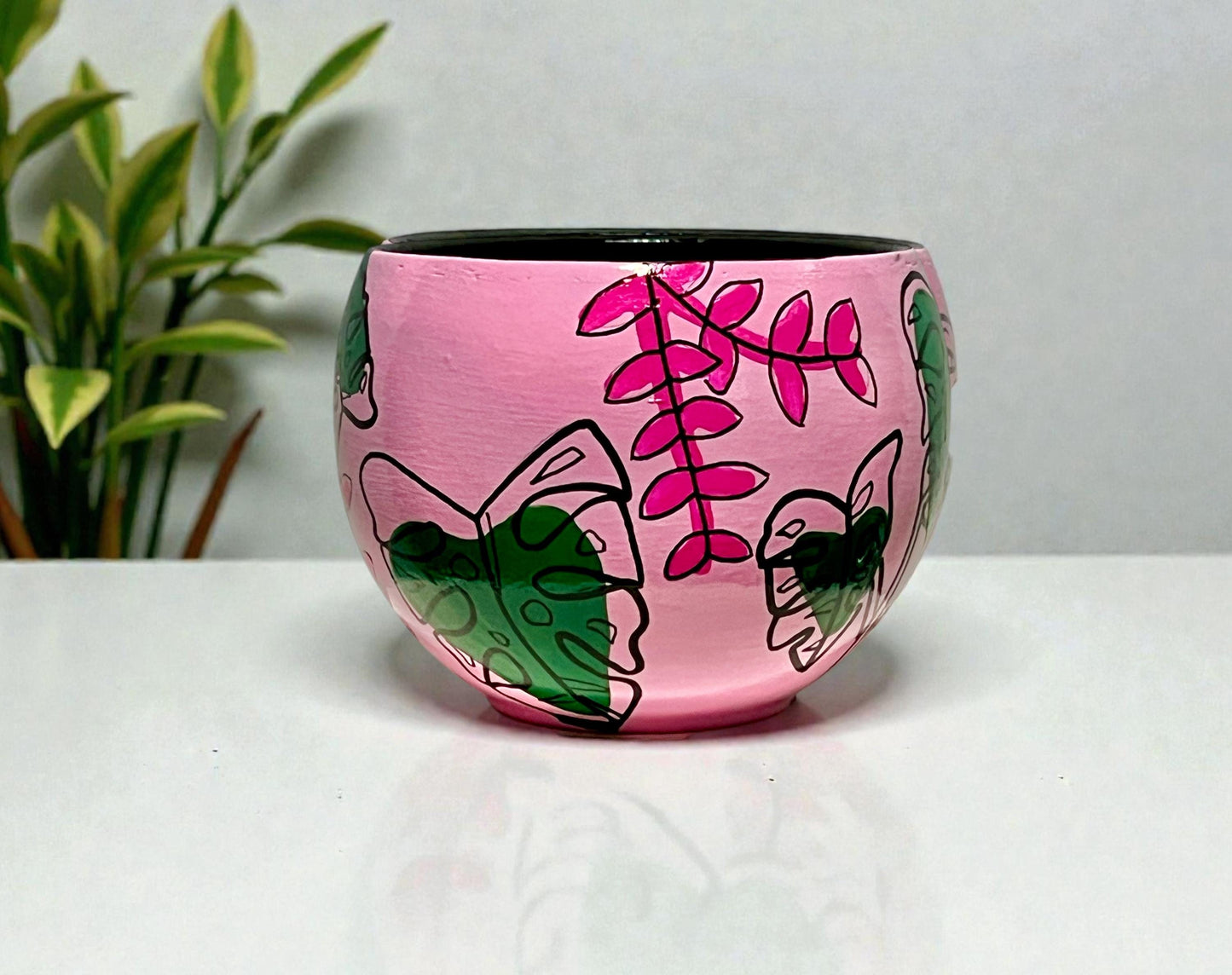 Hand-Painted Botanical Planter – Pink Monstera Terracotta Plant Pot