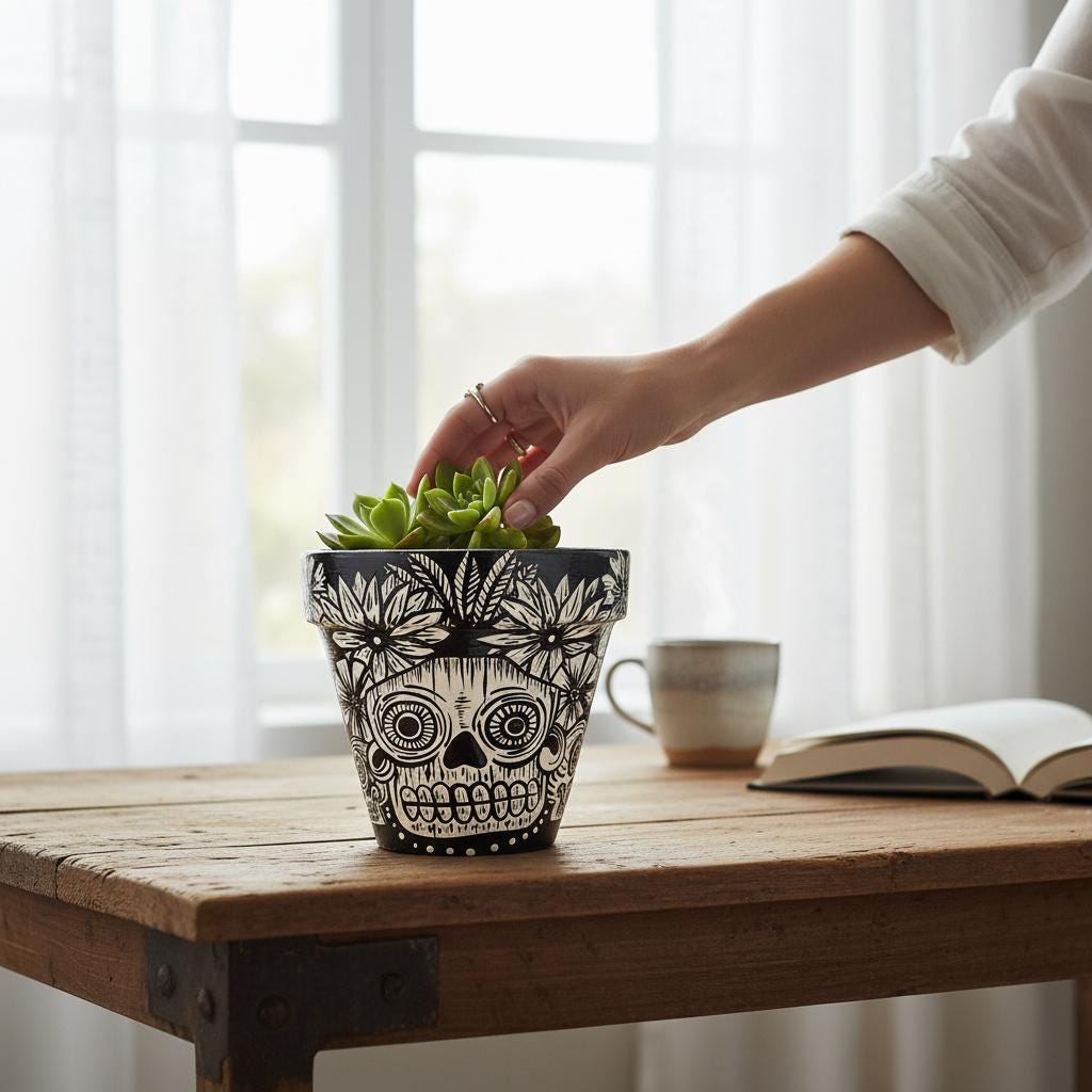 Hand-Painted Black and White Skull Terracotta Planter – Gothic Home Decor