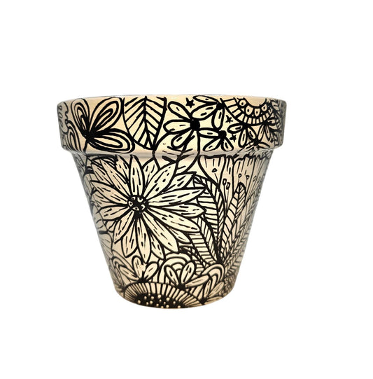 Black and White Flowers Planter. Handpainted Drawing Plant Pot.