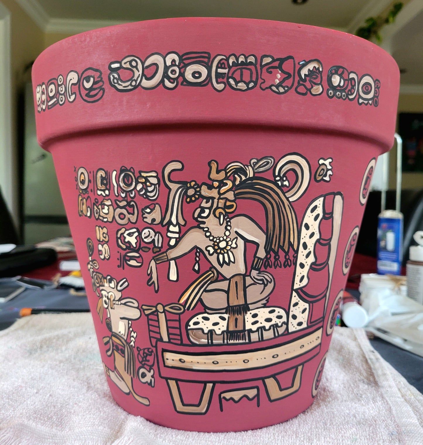 Hand-Painted Mayan Art Plant Pot: Mexican Art Decor, 8 Inch