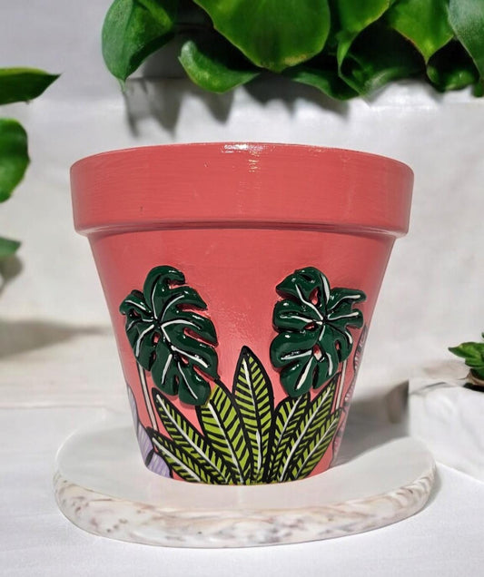 Embossed Monstera Plant Pot. Handpainted Monstera Planter.