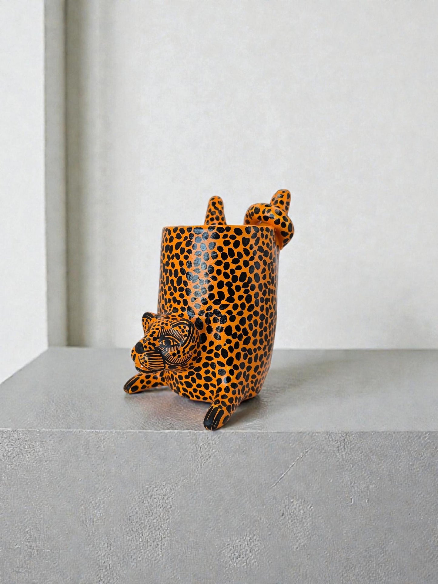 Hand-Painted Orange Terracotta Jaguar Sculpture: Mexican Handcraft Home Decor