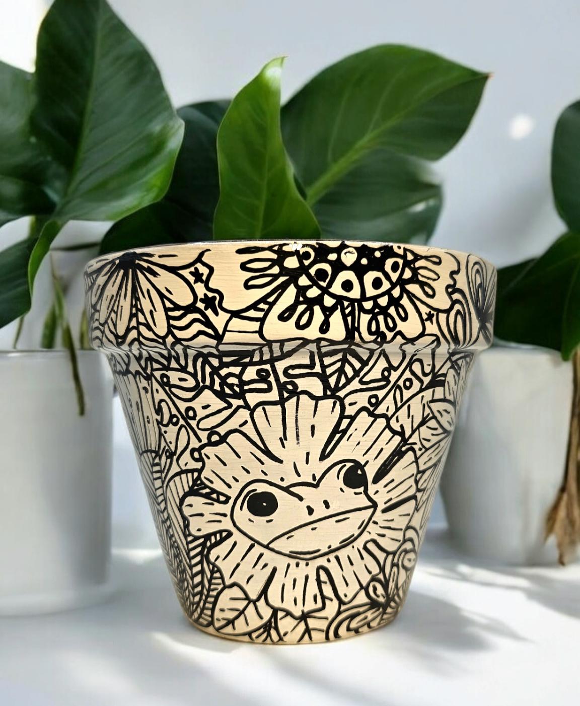 Black and White Flowers Planter. Handpainted Drawing Plant Pot.