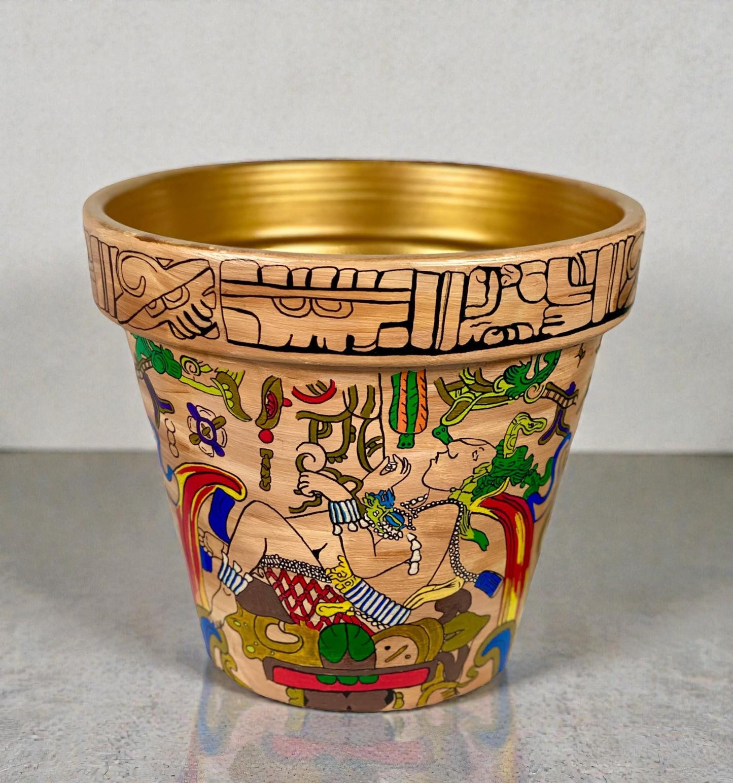 Hand-Painted Mayan Inspired Terracotta Planter – Mesoamerican Art Plant Pot