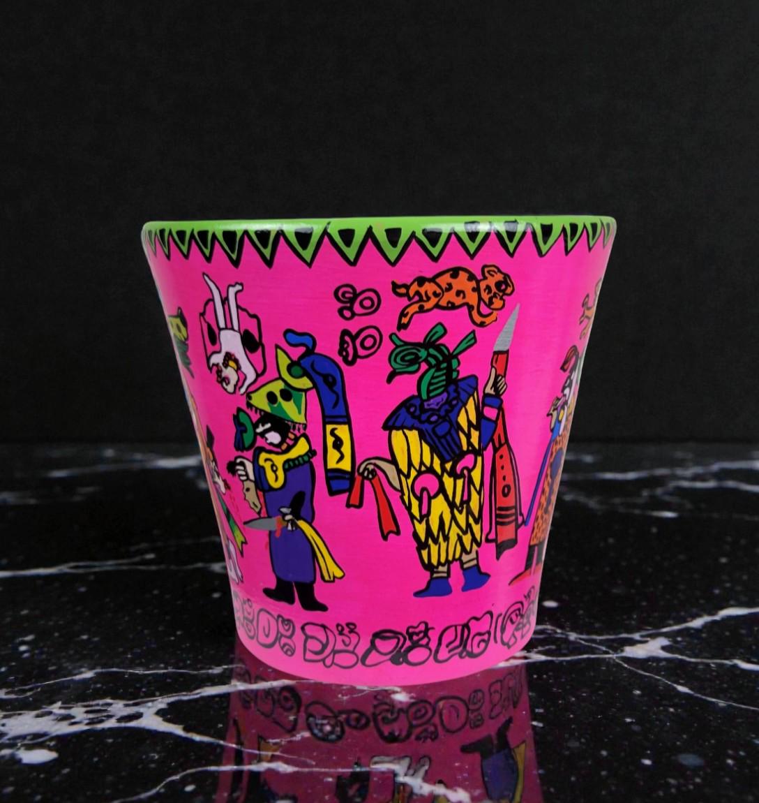 Hand-Painted Mayan Inspired Pink Terracotta Planter – Mesoamerican Art Plant Pot