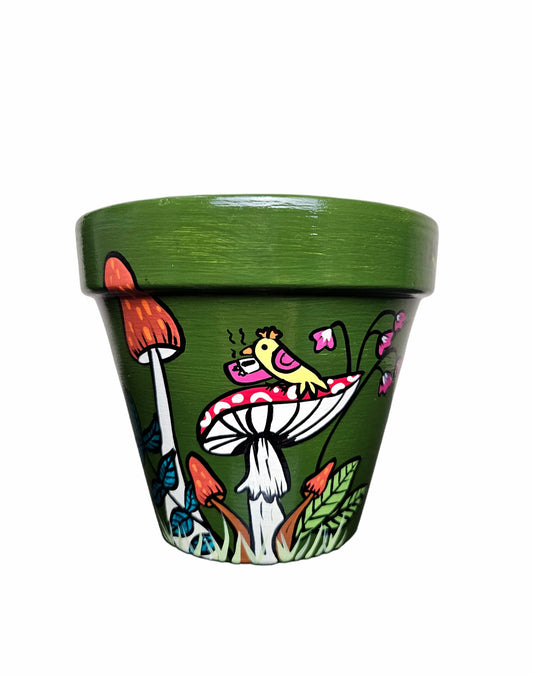Hand-Painted Bird and Mushroom Terracotta Planter