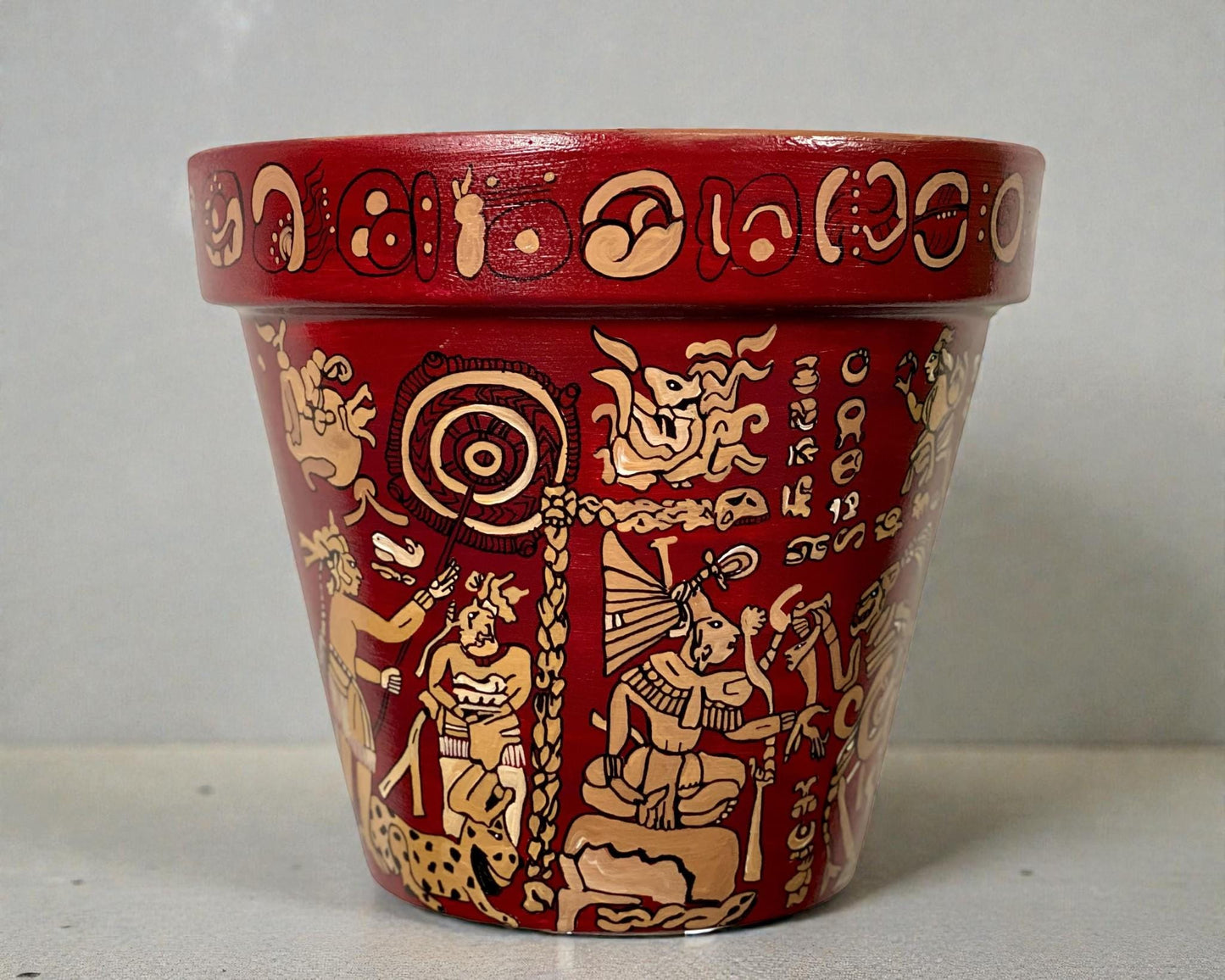 Hand painted Mayan Art Plant Pot- Prehispanic Art Vase (8 in)