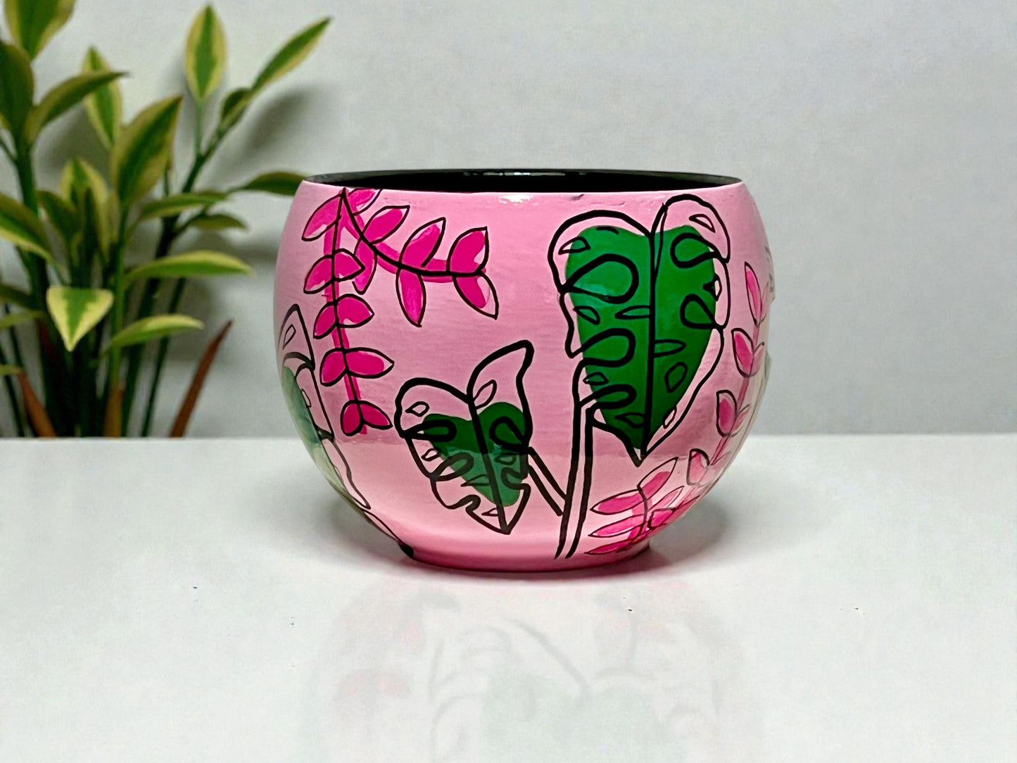 Hand-Painted Botanical Planter – Pink Monstera Terracotta Plant Pot