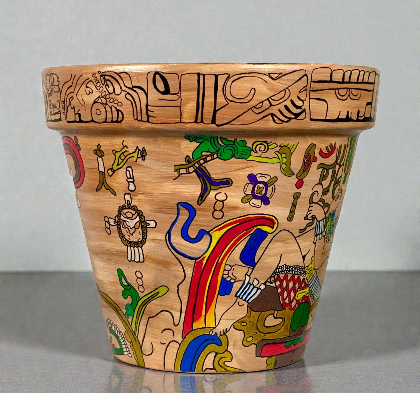 Hand-Painted Mayan Inspired Terracotta Planter – Mesoamerican Art Plant Pot