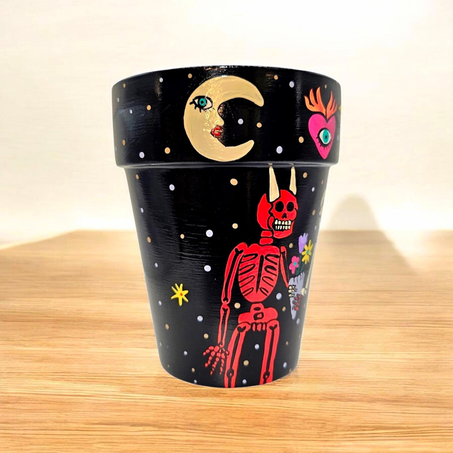 Hand-Painted Skeleton Terracotta Planter – 4x6 Unique Art Pot