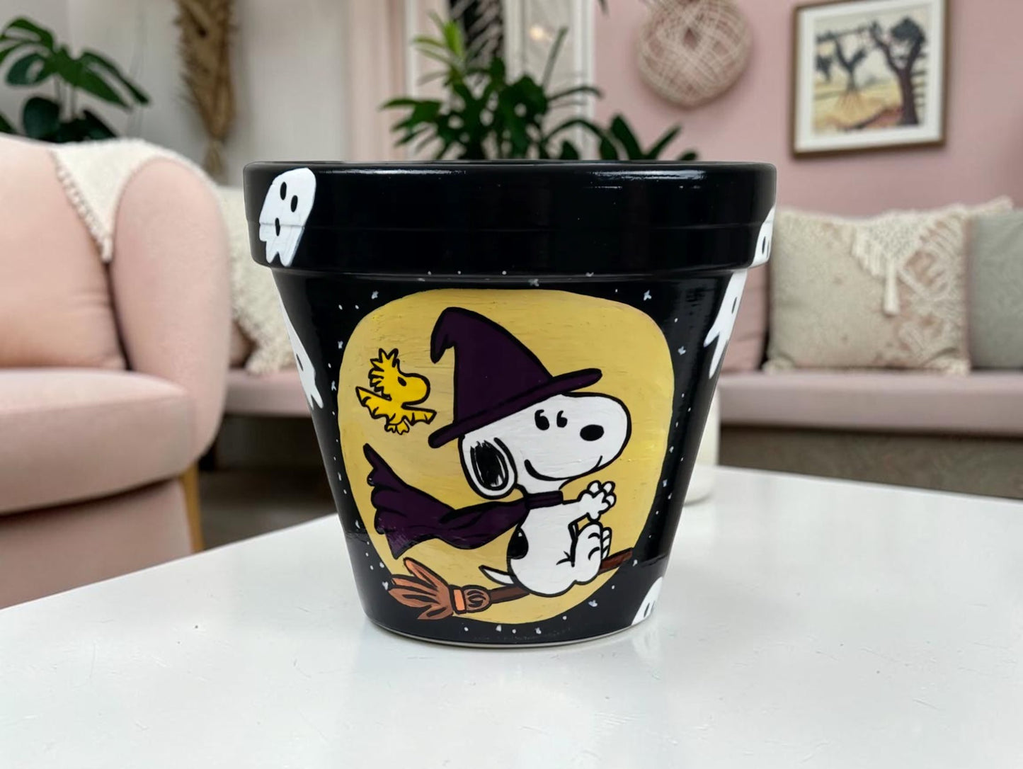 Hand-Painted Snoopy Halloween Plant Pot with Saucer