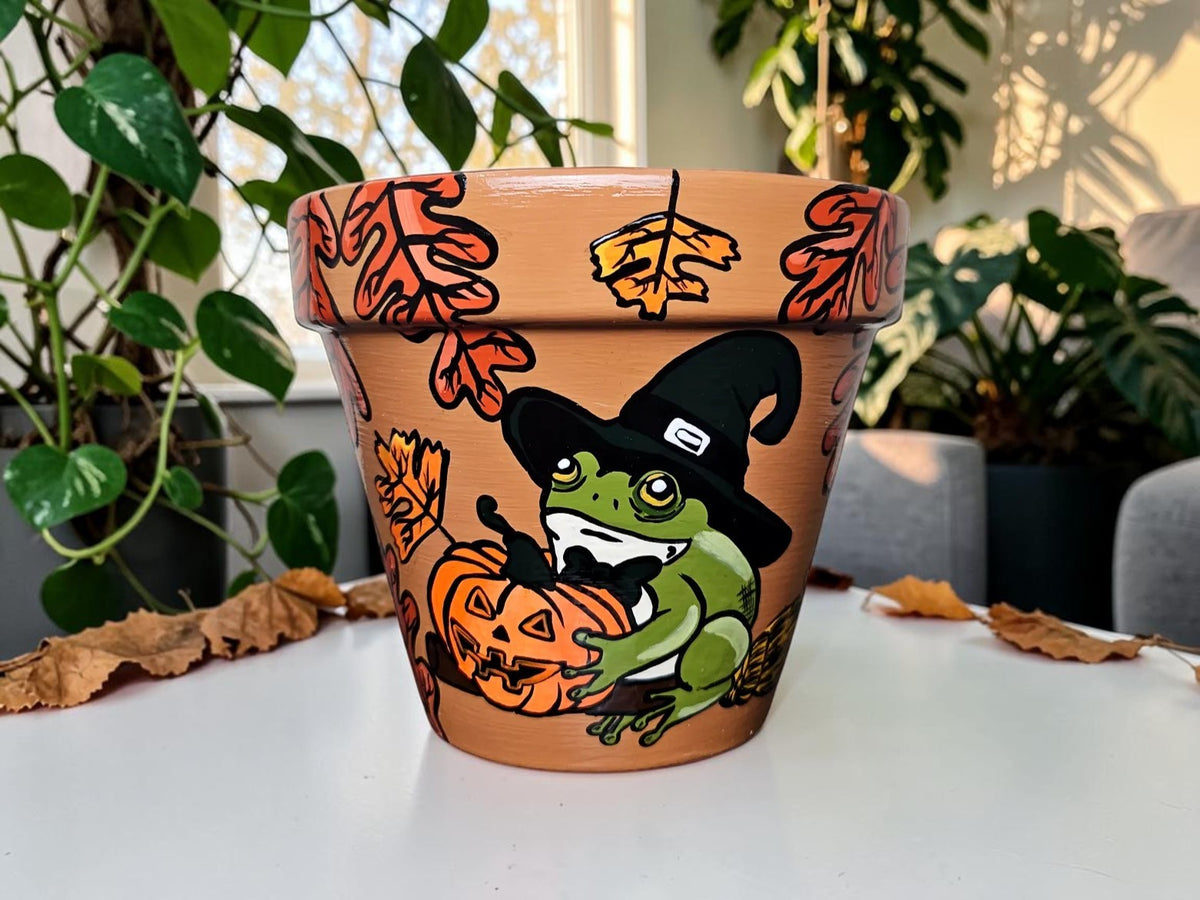 Hand-Painted Halloween Frog Planter, Witch Costume, Autumn Decor