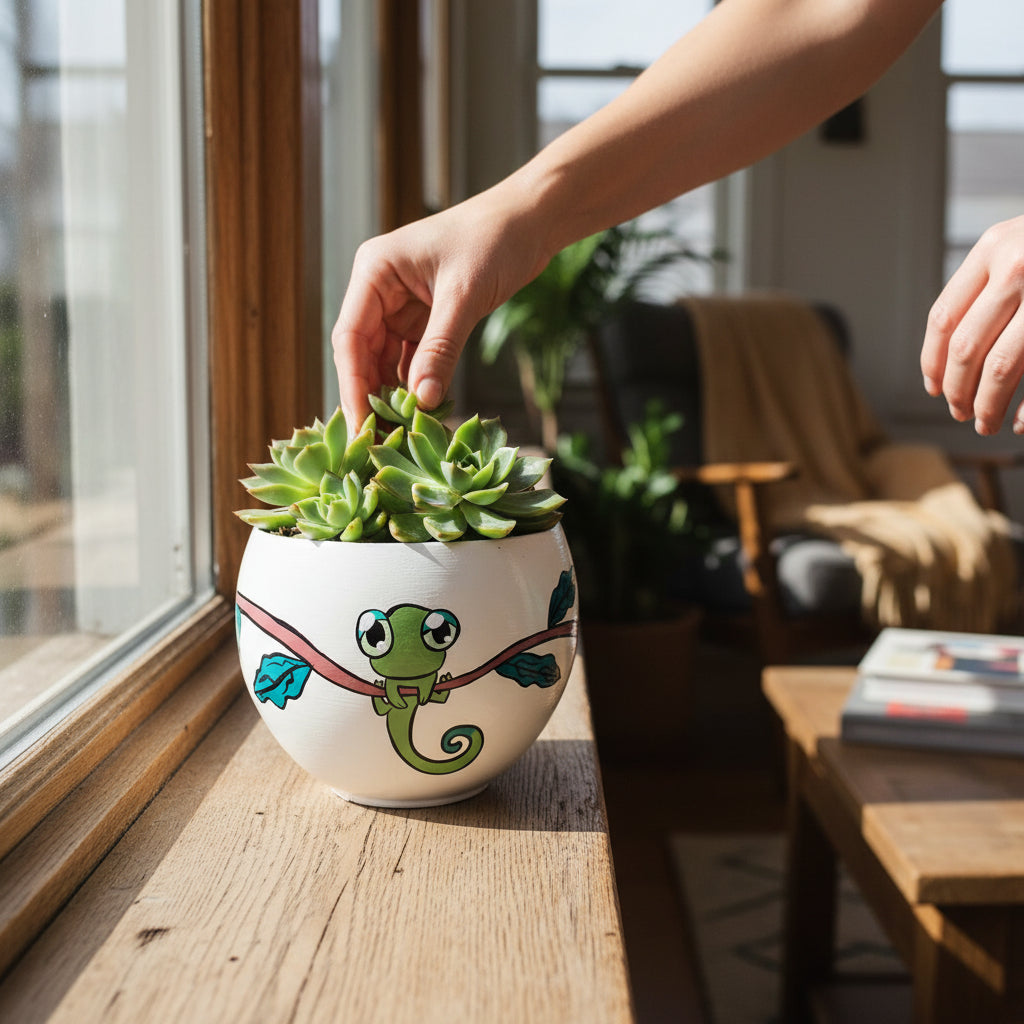 Hand Painted Baby Chameleon Planter.  Reptile Flower Pot 4'x4' Round